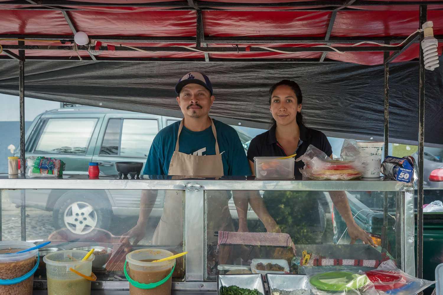 Owners Juan José Gamboa and Angy Saucedo serve tacos on the Ajijic plaza six nights a week from 7:00 to 11:30 p.m.