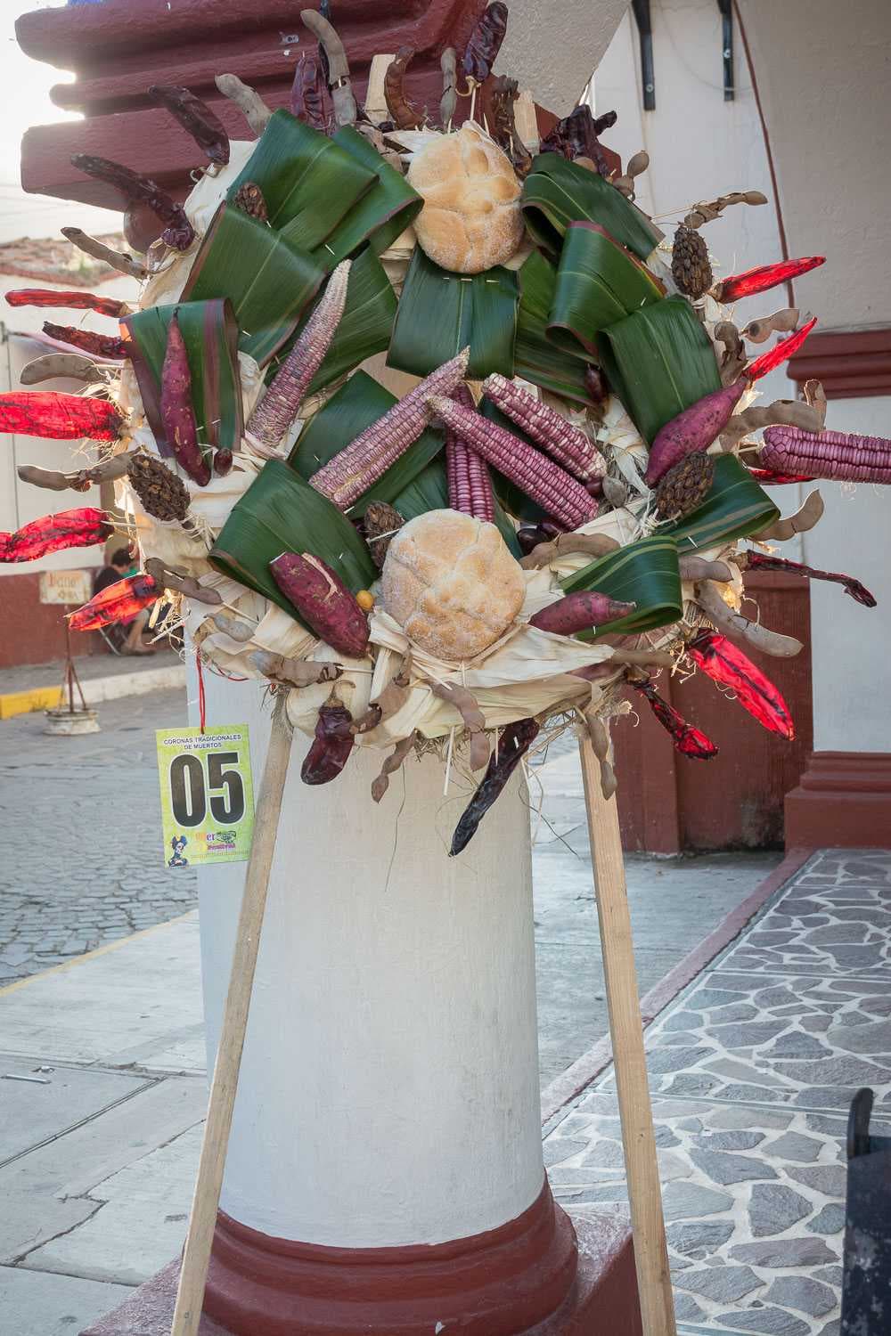 A corona on display in the plaza in Itxlahuacán.