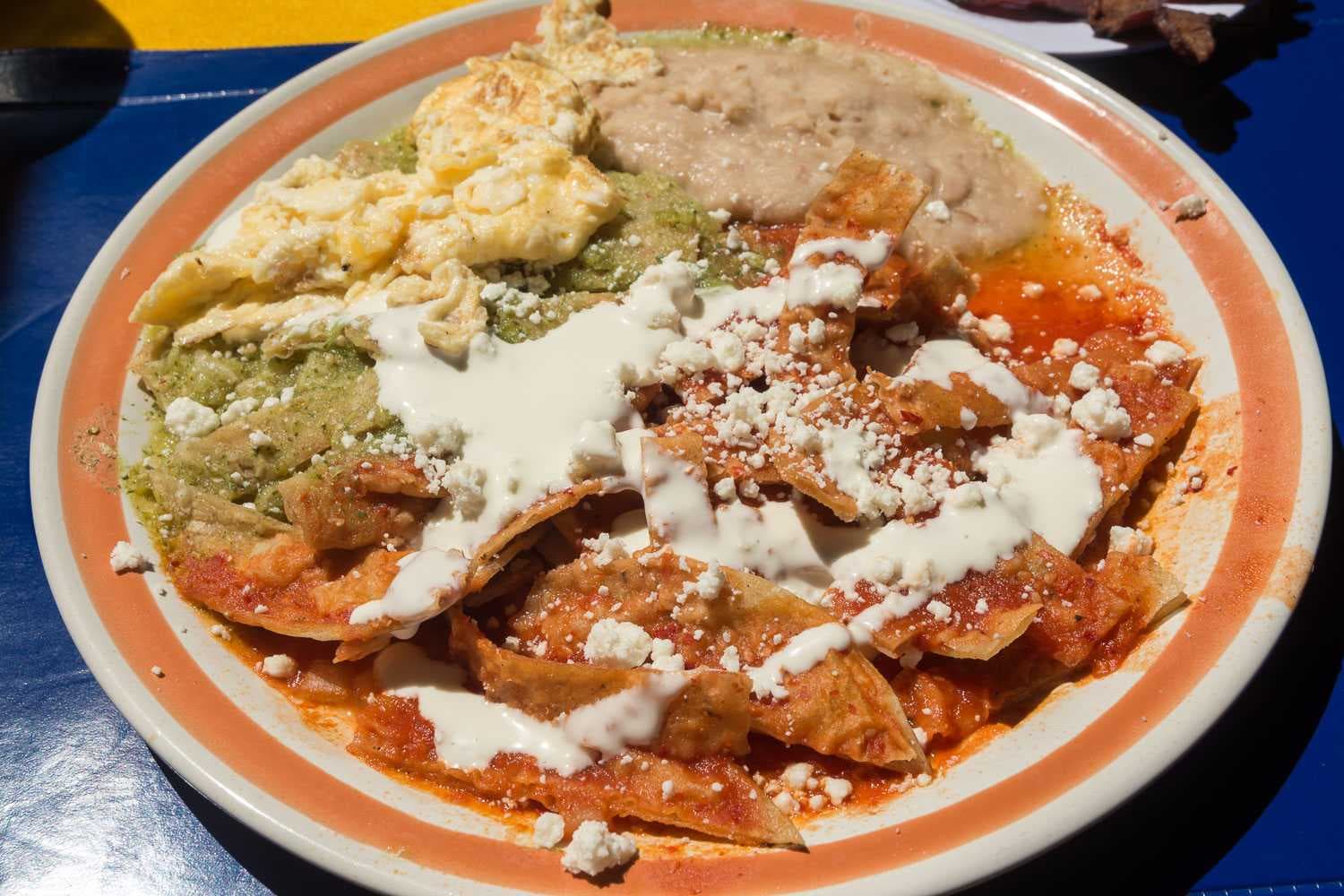 Chilaquiles: Fried tortilla strips with salsa.