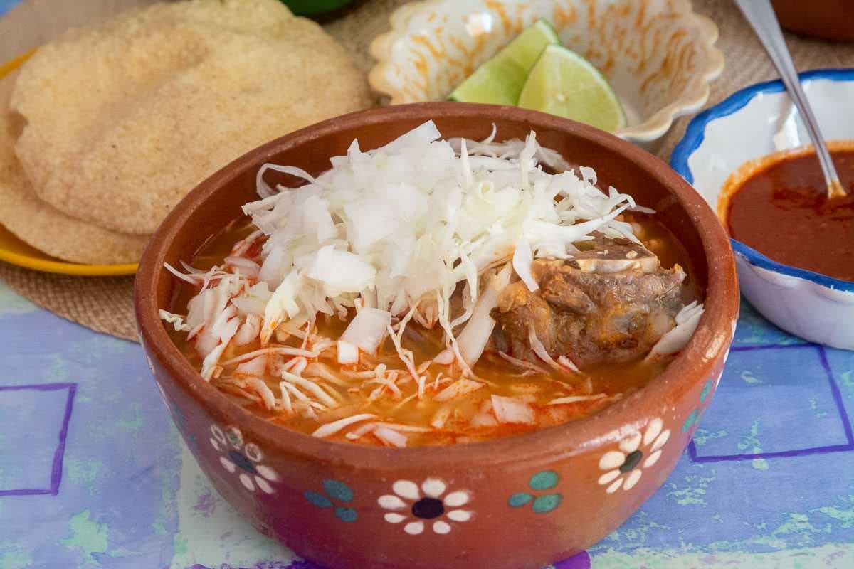 Pozole as served at <Fonda Los Jarritos.